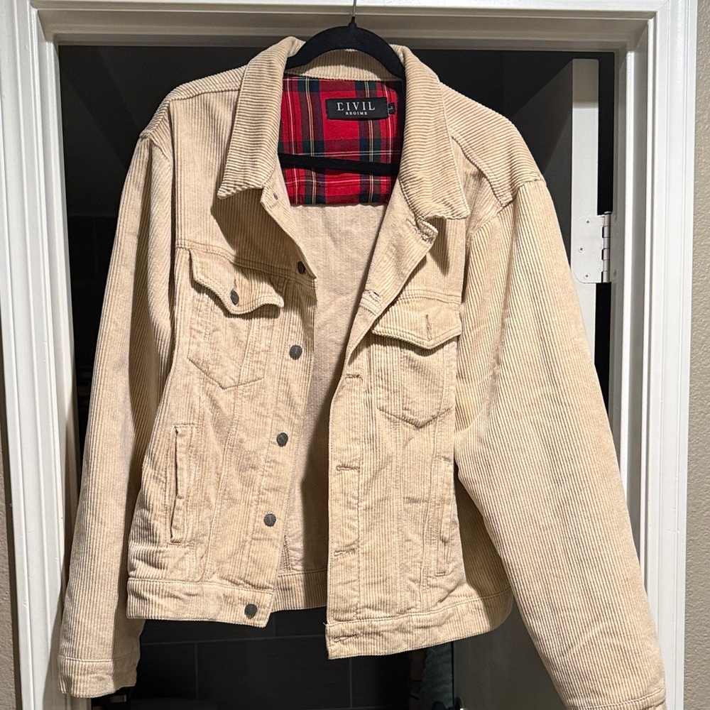 Beige Corduroy Jacket with Plaid Lining